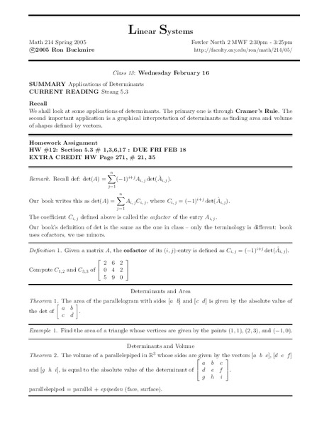Linear Systems:  Applications of Determinants Worksheet