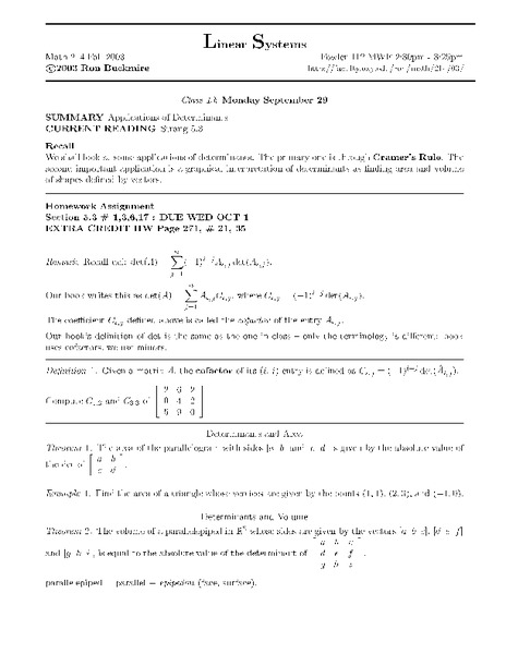Linear Systems:  Applications of Determinants Worksheet