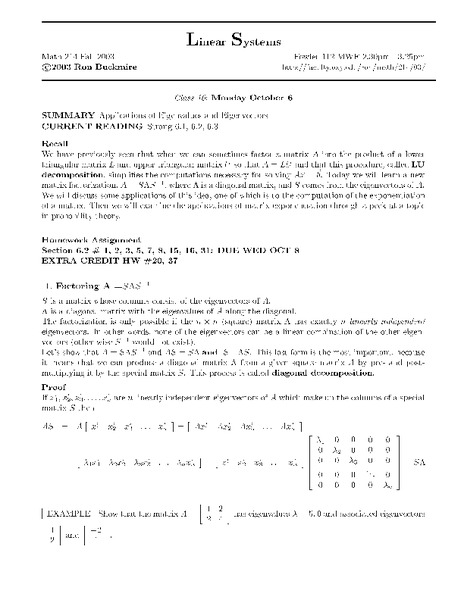 Linear Systems:  Applications of Eigenvalues and Eigenvectors Worksheet