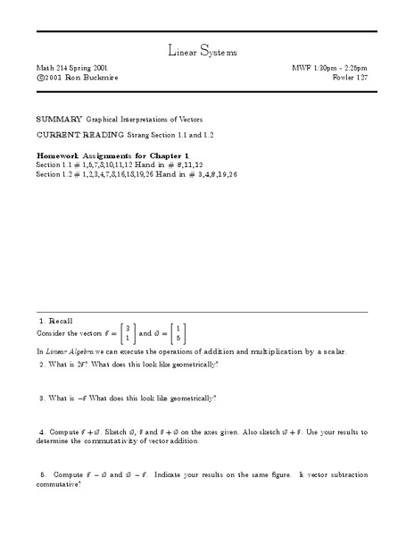 Linear Systems:  Graphical Interpretation of Vectors Worksheet