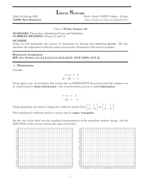 Linear Systems:  Identifying Pivots and Multipliers Worksheet