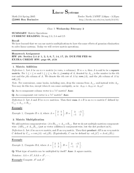 Linear Systems:  Matrix Operations Worksheet