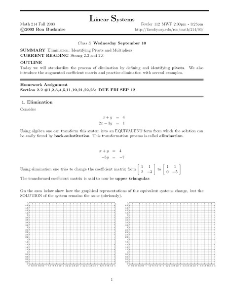 Linear Systems:  Identifying Pivots and Multipliers Worksheet