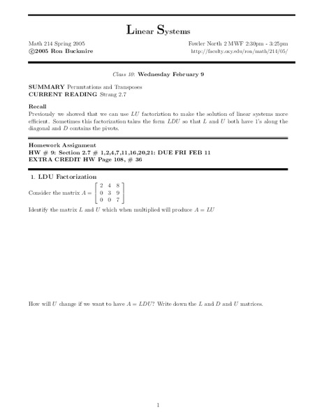 Linear Systems:  Permutations and Transposes Worksheet