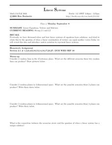 Linear Systems:  Linear Equations, Vectors and Matrices Worksheet