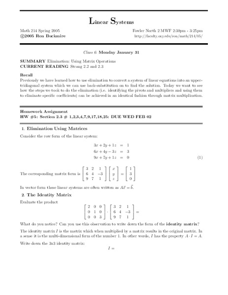 Linear Systems:  Using Matrix Operations Worksheet