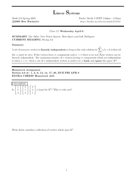 Linear Systems:  Vector Spaces Worksheet