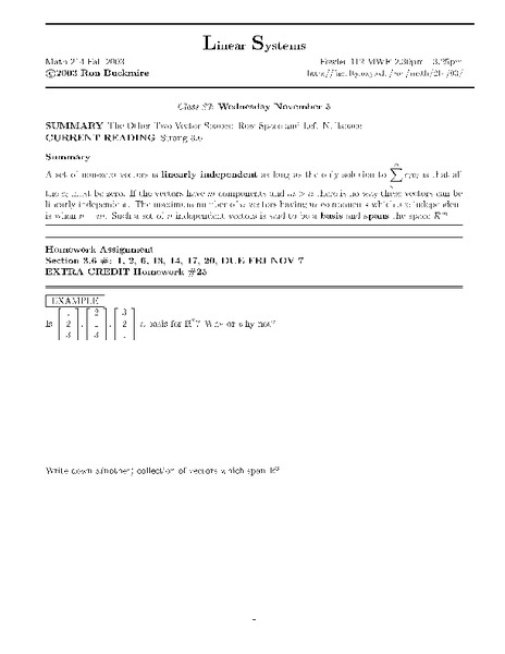 Linear Systems:  Vector Spaces Worksheet