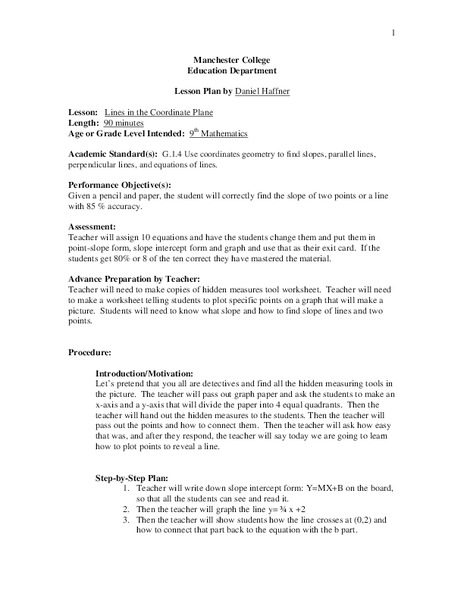 Lines in the Coordinate Plane Lesson Plan