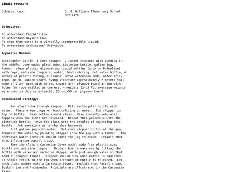 Liquid Pressure Lesson Plan