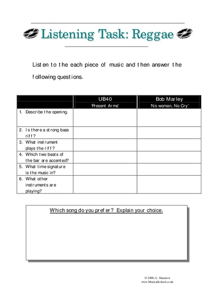 Listening Task: Reggae Worksheet