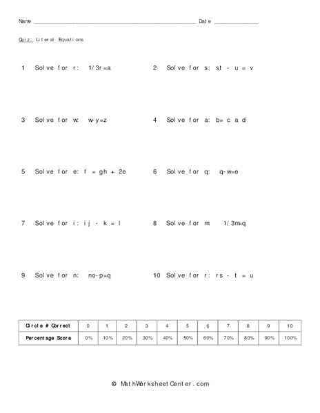 Literal Equations Worksheet