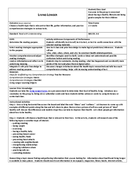 Living Longer Lesson Plan