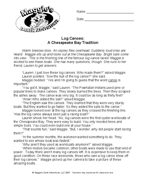 Log Canoes: A Chesapeake Bay Tradition Worksheet