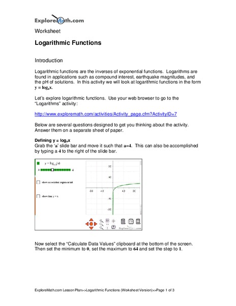 Logarithmic Functions Worksheet