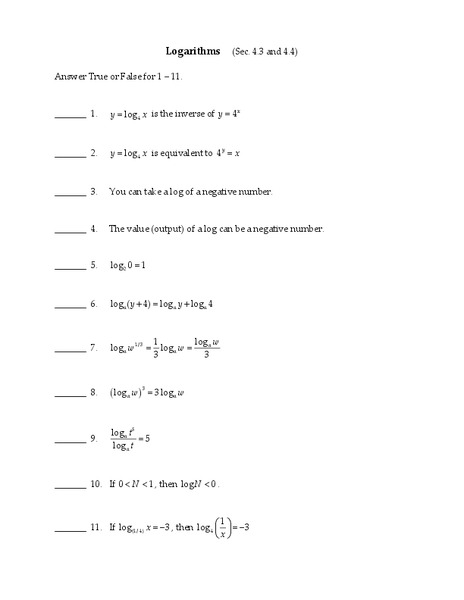 Logarithms Worksheet