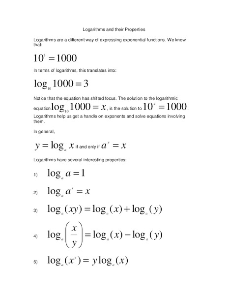 Logarithms and their Properties Worksheet