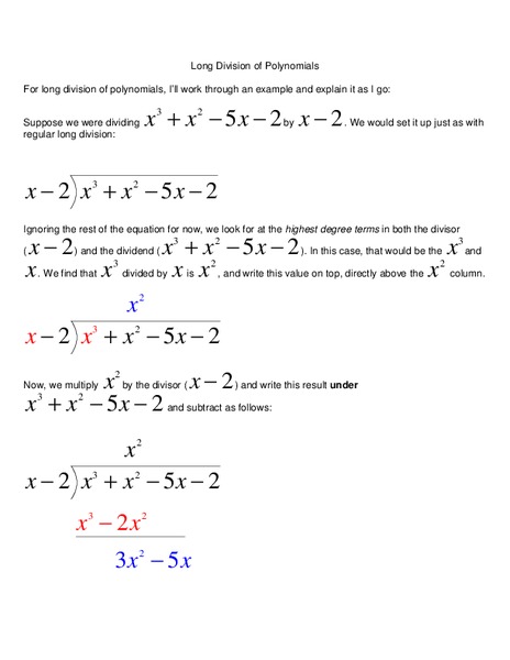 Long Division of Polynomials Worksheet