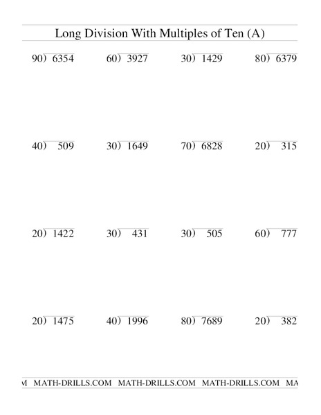 Long Division with Multiples of Ten Worksheet