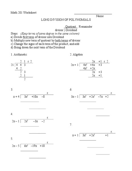 Long Division of Polynomials Worksheet