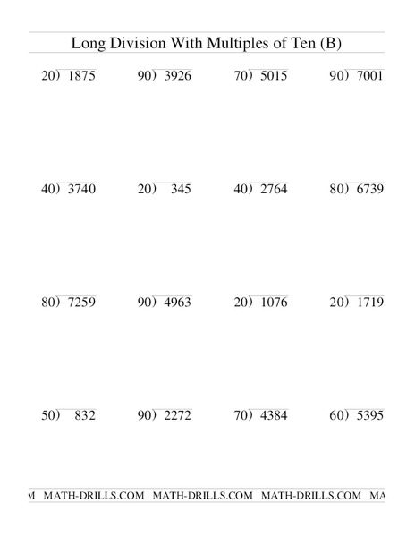 Long Division with Multiples of Ten Worksheet