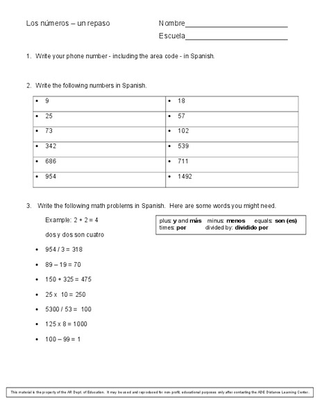 Los números Worksheet