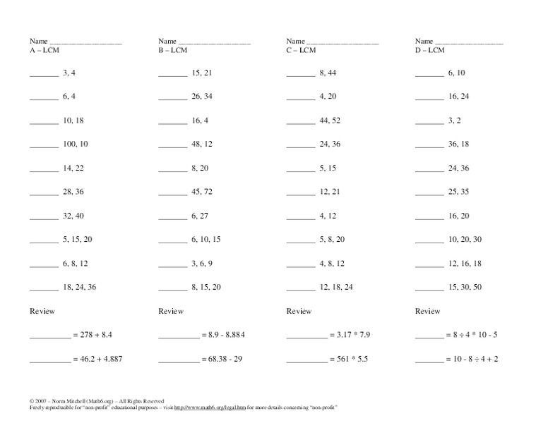 Lowest common multiple Worksheet