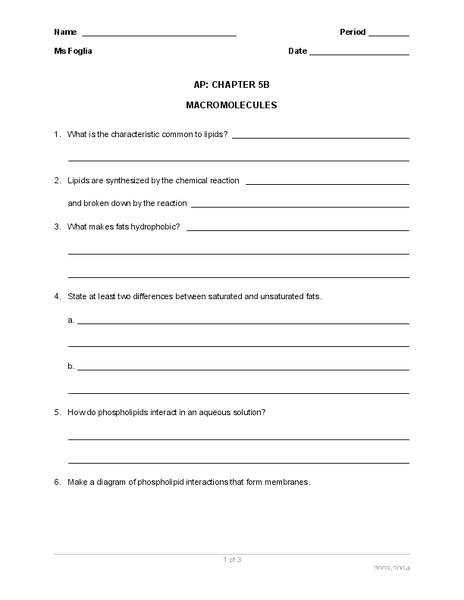 Macromolecules Worksheet