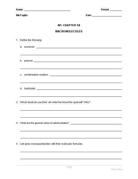 Macromolecules Worksheet