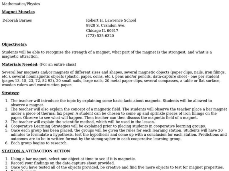 Magnet Muscles Lesson Plan