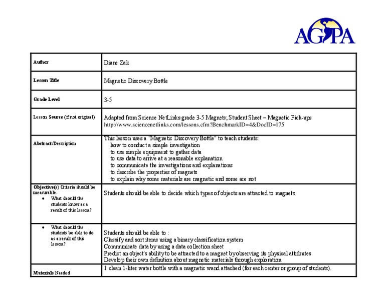 Magnetic Discovery Bottle Lesson Plan