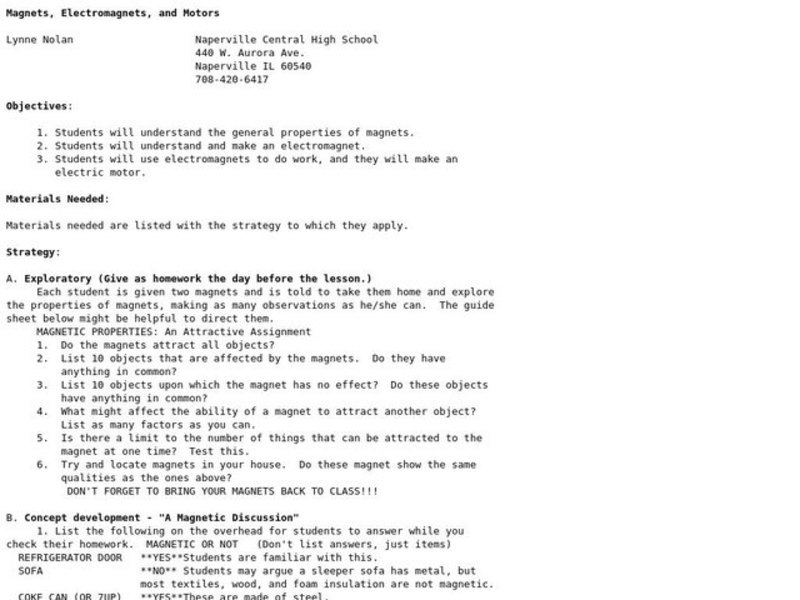 Magnets, Electromagnets, and Motors Lesson Plan