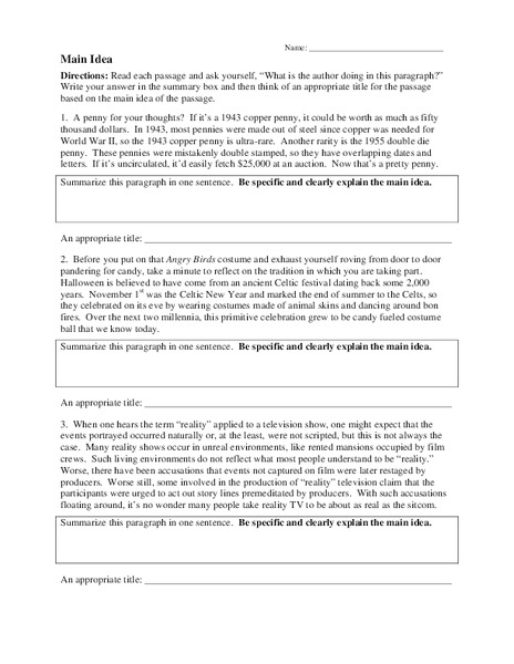 Main Idea Worksheet
