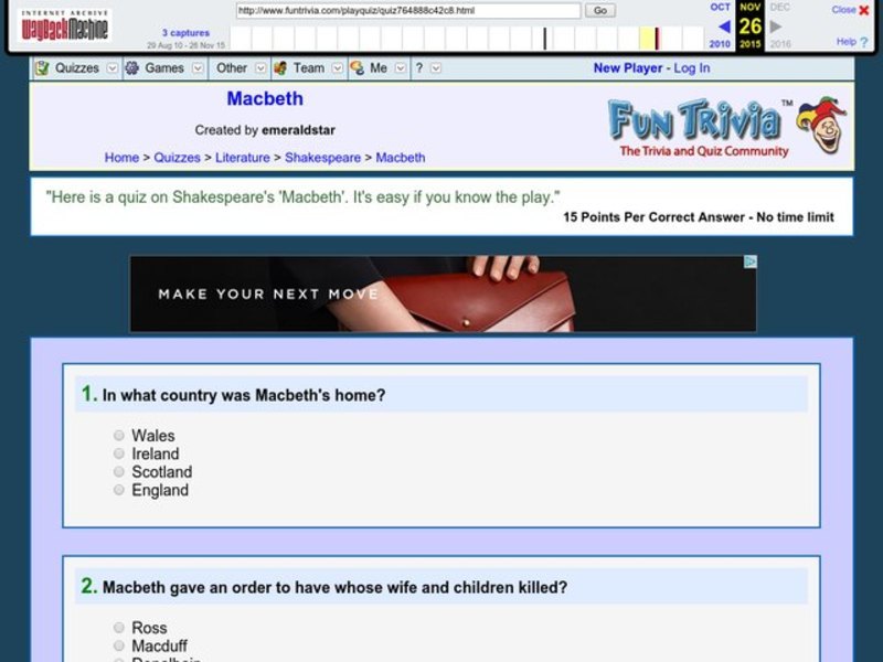 Macbeth: Fun Trivia Quiz Worksheet