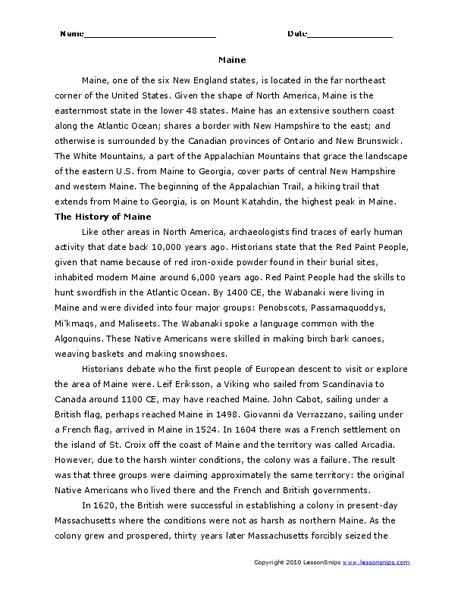 Maine Worksheet