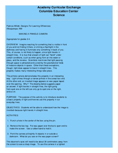 Making a Pinhole Camera Lesson Plan