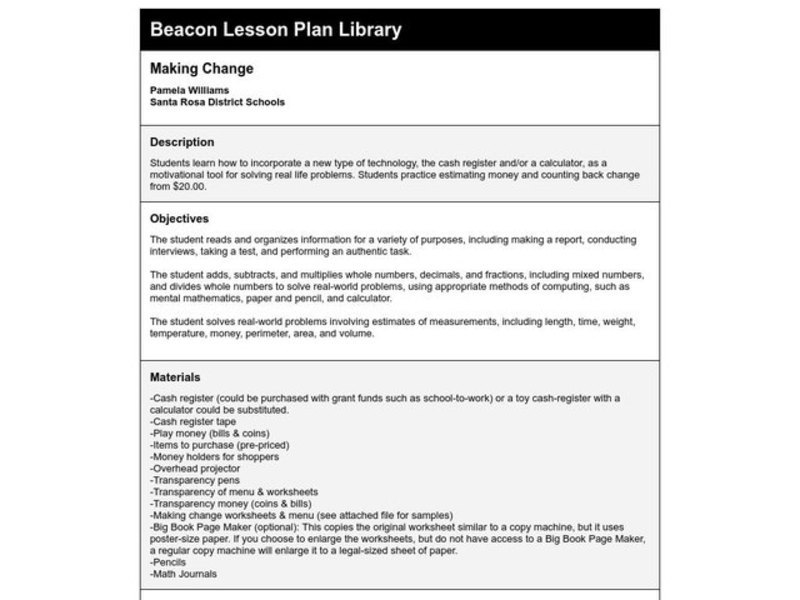 Making Change Lesson Plan