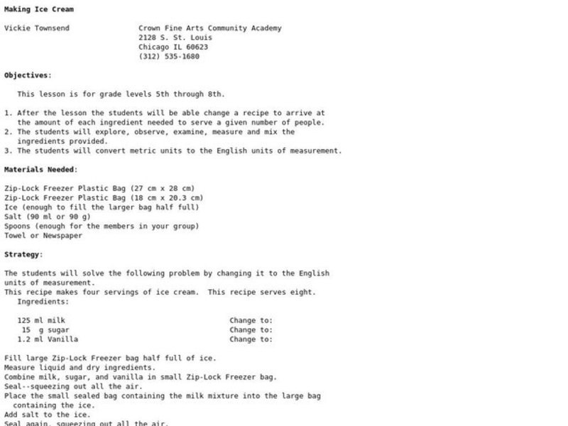 Making Ice Cream Lesson Plan