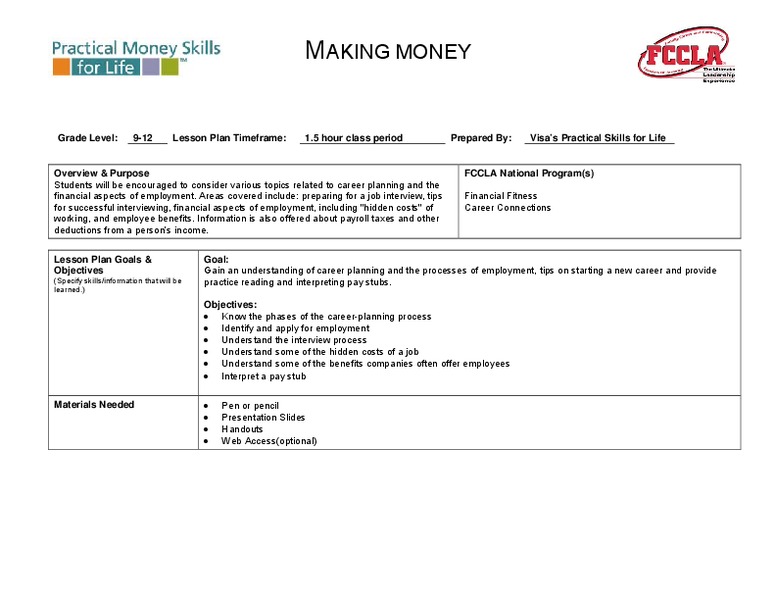 Making Money Lesson Plan