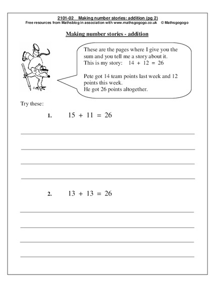 Making Number Stories - Addition Worksheet