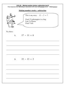 Making Number Stories - Subtraction Worksheet