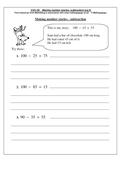 Making Number Stories - Subtraction Worksheet