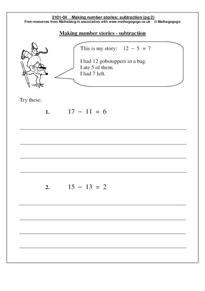 Making Number Stories - Subtraction Worksheet