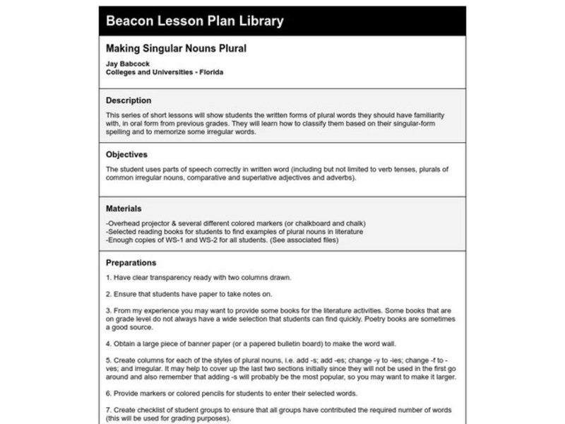 Making Singular Nouns Plural Lesson Plan