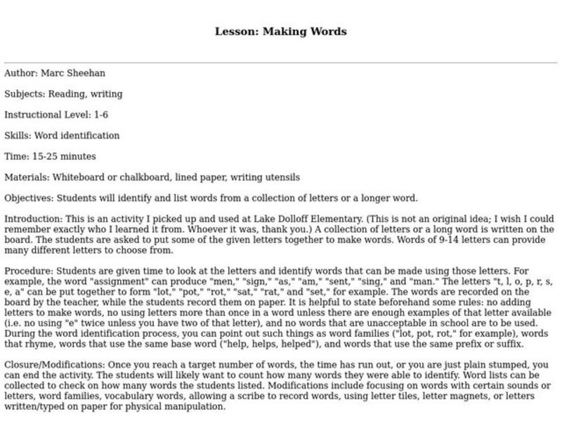 Making Words Lesson Plan