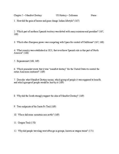 Manifest Destiny Worksheet