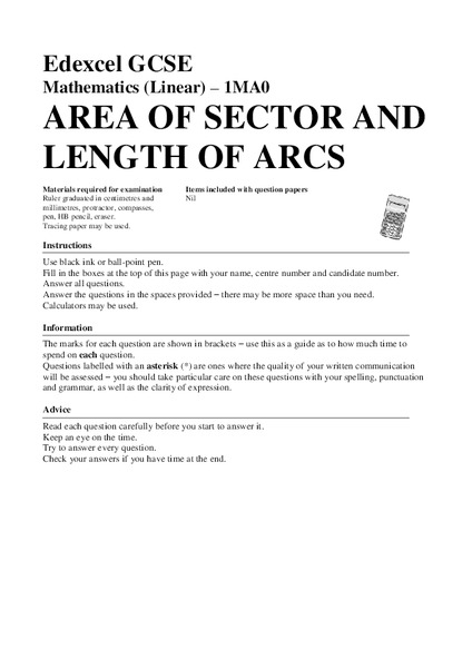 Area of Sector and Length of Arcs Assessment