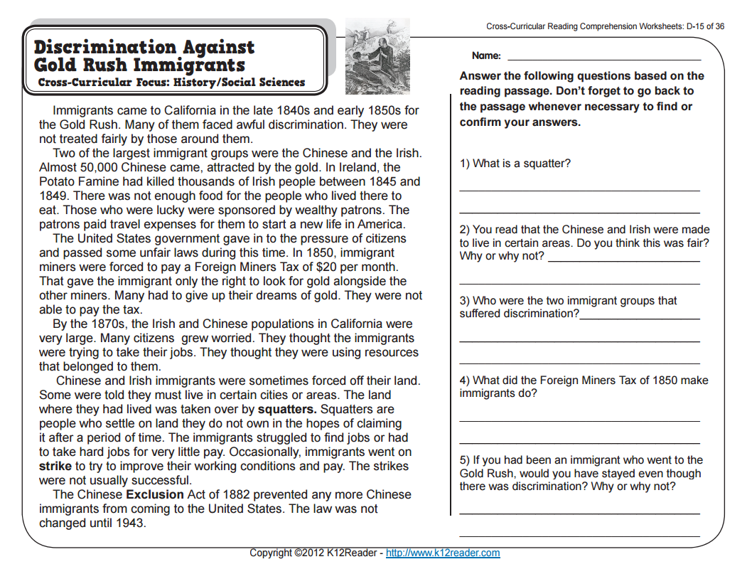 Discrimination Against Gold Rush Immigrants Worksheet