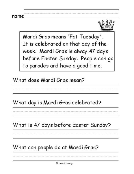 Mardi Gras Worksheet