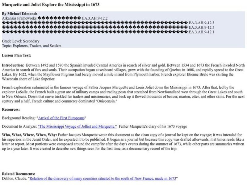 Marquette and Joliet Explore the Mississippi in 1673 Lesson Plan
